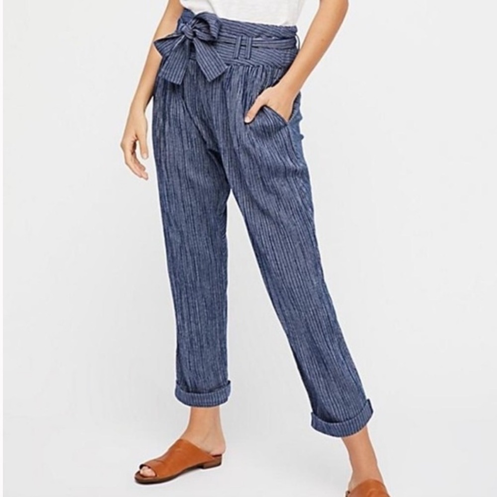 Free People Women’s Rumors Baggy Yarn Dyed Navy Striped Cotton‎ Trousers Pants